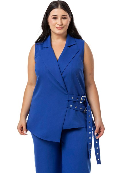 Büyük Beden Kuş Gözü Kemerli Yelek Pantolon Saks Mavi Ikili Takım fiyatları