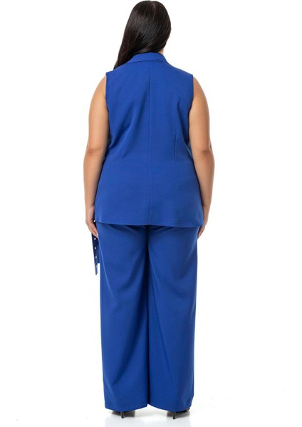 Büyük Beden Kuş Gözü Kemerli Yelek Pantolon Saks Mavi Ikili Takım modelleri