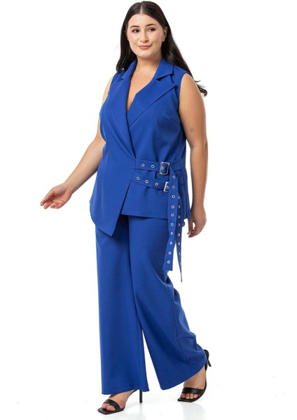 Büyük Beden Kuş Gözü Kemerli Yelek Pantolon Saks Mavi Ikili Takım fırsatları