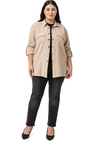 Büyük Beden Omuzdan Apoletli Katlamalı Kollu Yırtmaçlı Çıtçıtlı Bej Rengi Gömlek fiyatları