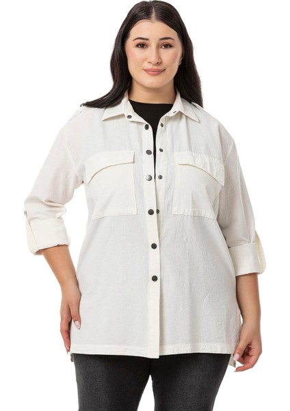 Büyük Beden Omuzdan Apoletli Katlamalı Kollu Yırtmaçlı Çıtçıtlı Ekru Gömlek