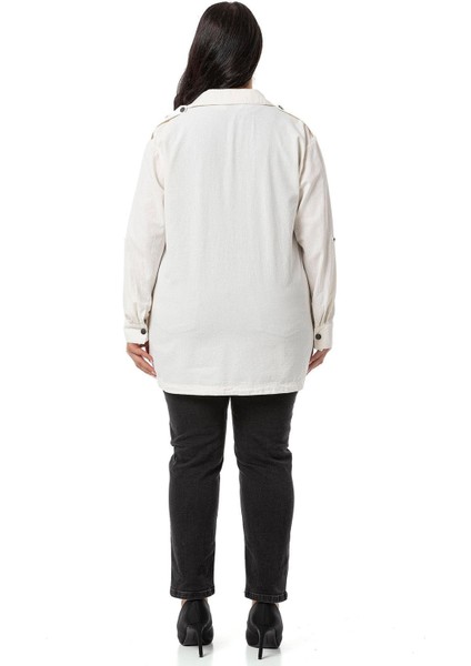 Büyük Beden Omuzdan Apoletli Katlamalı Kollu Yırtmaçlı Çıtçıtlı Ekru Gömlek modelleri