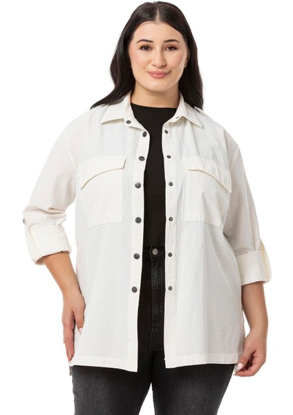 Büyük Beden Omuzdan Apoletli Katlamalı Kollu Yırtmaçlı Çıtçıtlı Ekru Gömlek fırsatları