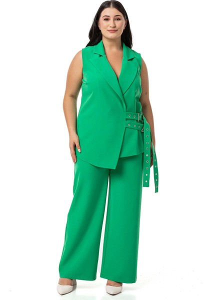 Büyük Beden Kuş Gözü Kemerli Yelek Pantolon Yeşil Ikili Takım
