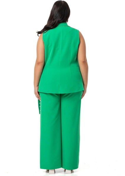 Büyük Beden Kuş Gözü Kemerli Yelek Pantolon Yeşil Ikili Takım modelleri