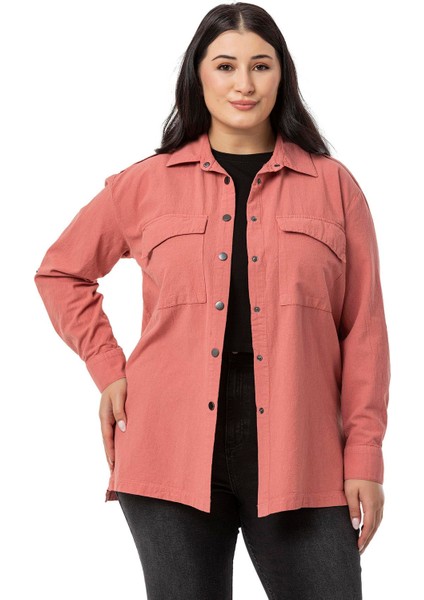 Büyük Beden Omuzdan Apoletli Katlamalı Kollu Yırtmaçlı Çıtçıtlı Gül Kurusu Gömlek