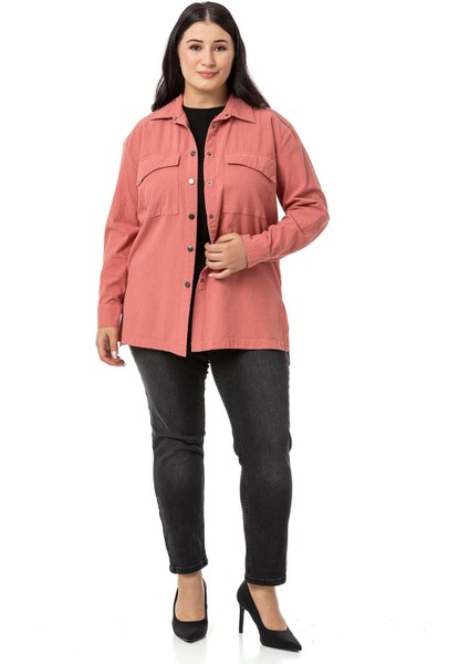 Büyük Beden Omuzdan Apoletli Katlamalı Kollu Yırtmaçlı Çıtçıtlı Gül Kurusu Gömlek fiyatları