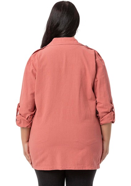 Büyük Beden Omuzdan Apoletli Katlamalı Kollu Yırtmaçlı Çıtçıtlı Gül Kurusu Gömlek modelleri