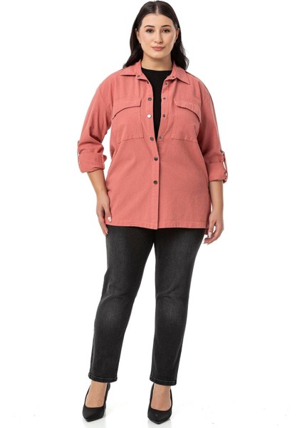 Büyük Beden Omuzdan Apoletli Katlamalı Kollu Yırtmaçlı Çıtçıtlı Gül Kurusu Gömlek indirimleri