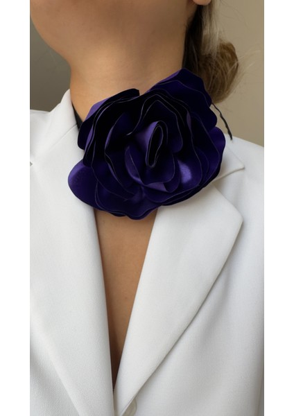 Bağcıklı Kadife Kurdeleli Kumaş Çiçek Choker Kolye Gül Kolye