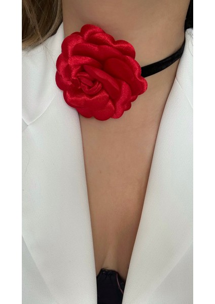 Bağcıklı Kumaş Çiçek Choker Kolye Gül Kolye