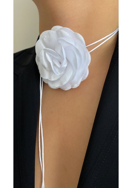 Bağcıklı Kumaş Çiçek Choker Kolye Gül Kolye