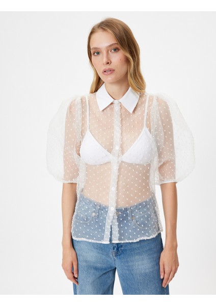 Transparan Balon Kol Gömlek Tül Puantiyeli modelleri