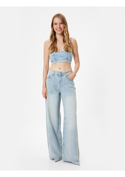 Oversize Kot Pantolon Normal Bel Uzun Bol Paça Düğmeli Cepli - Loose Straight Fit Jeans