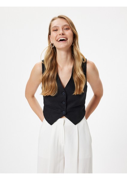 Keten Crop Yelek V Yaka Düğmeli Astarlı