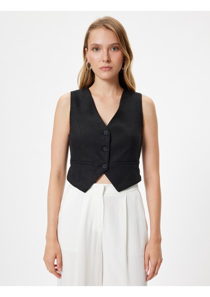 Keten Crop Yelek V Yaka Düğmeli Astarlı modelleri