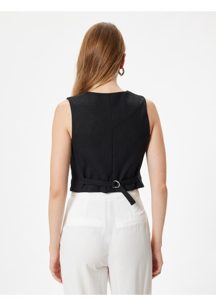 Keten Crop Yelek V Yaka Düğmeli Astarlı fırsatları