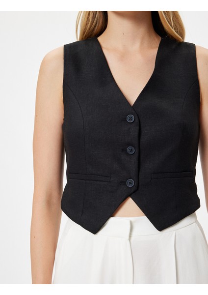 Keten Crop Yelek V Yaka Düğmeli Astarlı indirimleri