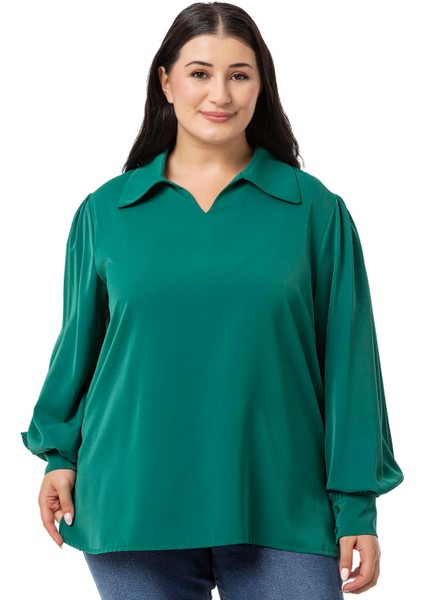 Büyük Beden Gömlek Yaka Manşetli Yanı Yırtmaçlı Zümrüt Bluz