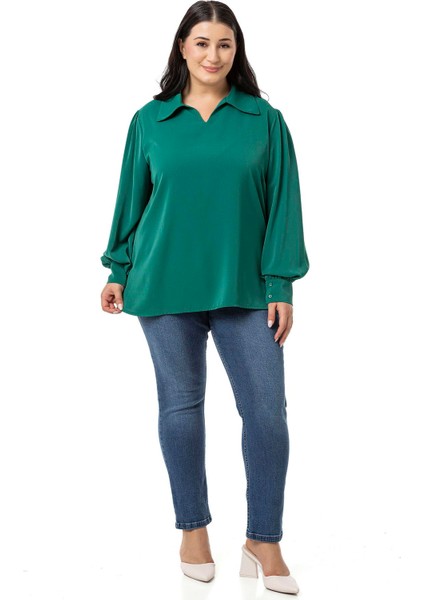 Büyük Beden Gömlek Yaka Manşetli Yanı Yırtmaçlı Zümrüt Bluz fiyatları