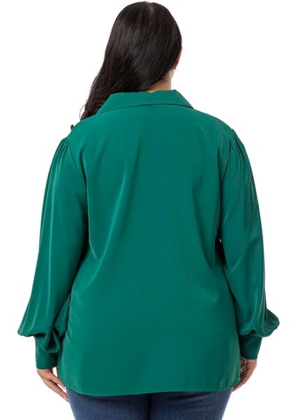 Büyük Beden Gömlek Yaka Manşetli Yanı Yırtmaçlı Zümrüt Bluz modelleri