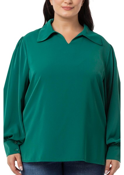 Büyük Beden Gömlek Yaka Manşetli Yanı Yırtmaçlı Zümrüt Bluz fırsatları