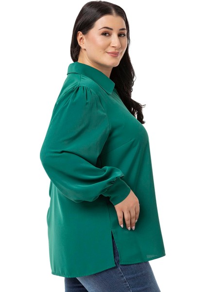 Büyük Beden Gömlek Yaka Manşetli Yanı Yırtmaçlı Zümrüt Bluz indirimleri