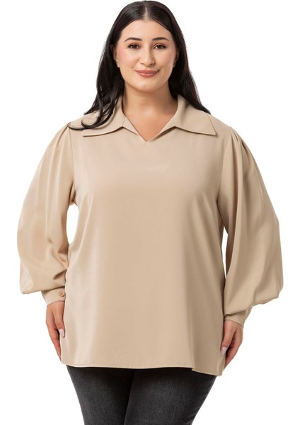 Büyük Beden Gömlek Yaka Manşetli Yanı Yırtmaçlı Bej Rengi Bluz