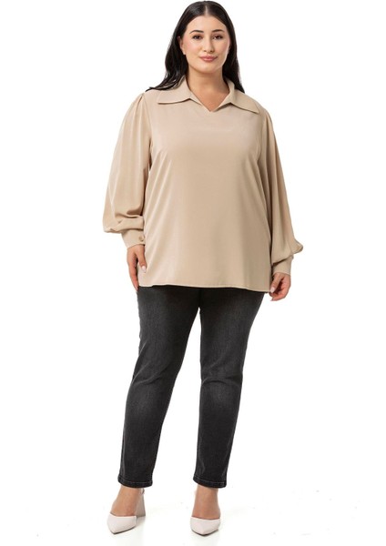 Büyük Beden Gömlek Yaka Manşetli Yanı Yırtmaçlı Bej Rengi Bluz fiyatları