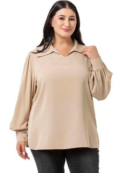 Büyük Beden Gömlek Yaka Manşetli Yanı Yırtmaçlı Bej Rengi Bluz fırsatları