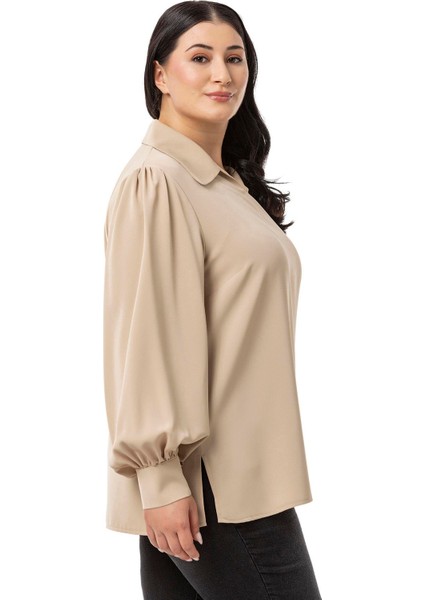 Büyük Beden Gömlek Yaka Manşetli Yanı Yırtmaçlı Bej Rengi Bluz indirimleri