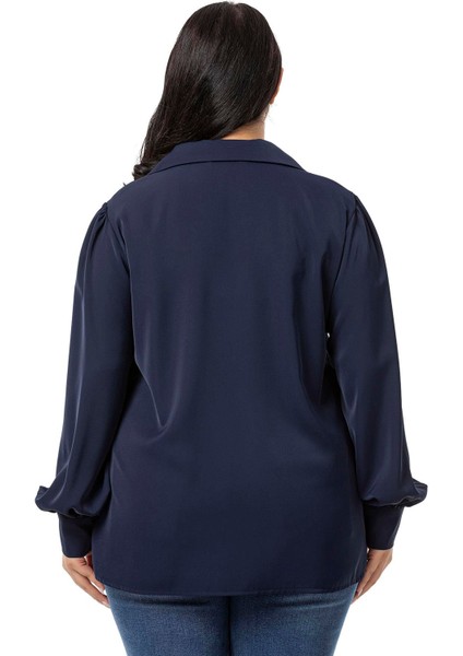 Büyük Beden Gömlek Yaka Manşetli Yanı Yırtmaçlı Lacivert Bluz modelleri
