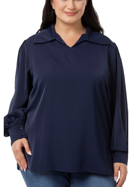 Büyük Beden Gömlek Yaka Manşetli Yanı Yırtmaçlı Lacivert Bluz fırsatları