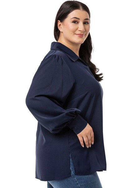 Büyük Beden Gömlek Yaka Manşetli Yanı Yırtmaçlı Lacivert Bluz indirimleri