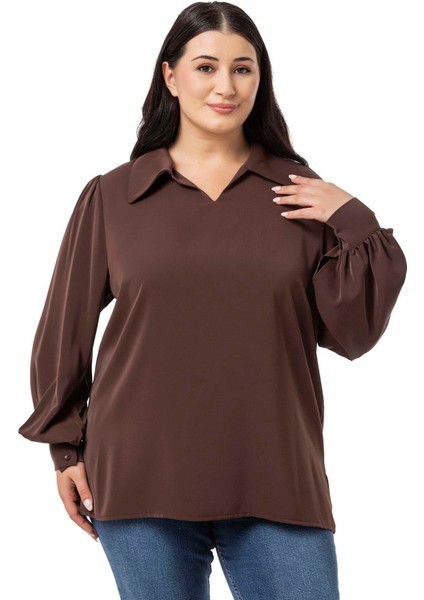 Büyük Beden Gömlek Yaka Manşetli Yanı Yırtmaçlı Kahverengi Bluz