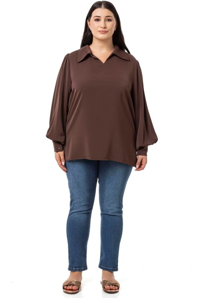 Büyük Beden Gömlek Yaka Manşetli Yanı Yırtmaçlı Kahverengi Bluz fiyatları