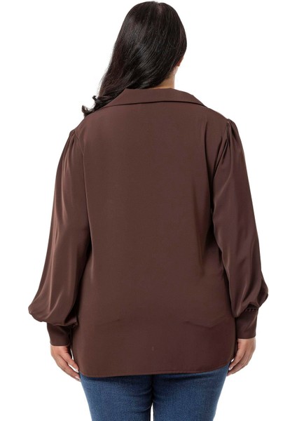 Büyük Beden Gömlek Yaka Manşetli Yanı Yırtmaçlı Kahverengi Bluz modelleri