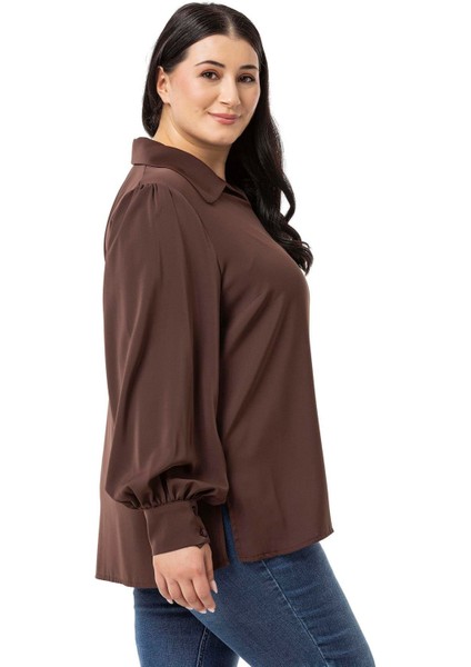 Büyük Beden Gömlek Yaka Manşetli Yanı Yırtmaçlı Kahverengi Bluz indirimleri