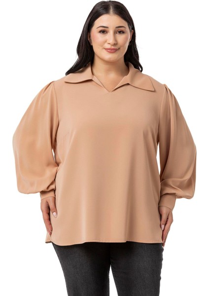 Büyük Beden Gömlek Yaka Manşetli Yanı Yırtmaçlı Camel Bluz