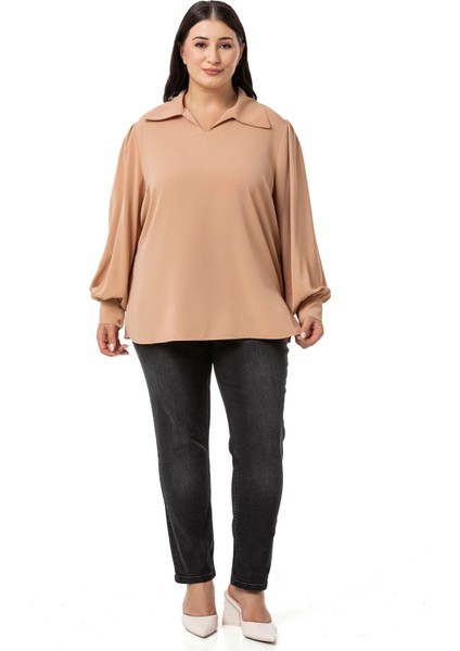 Büyük Beden Gömlek Yaka Manşetli Yanı Yırtmaçlı Camel Bluz fiyatları
