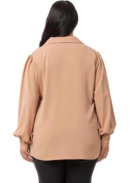 Büyük Beden Gömlek Yaka Manşetli Yanı Yırtmaçlı Camel Bluz modelleri