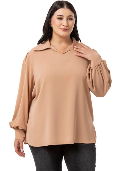 Büyük Beden Gömlek Yaka Manşetli Yanı Yırtmaçlı Camel Bluz fırsatları