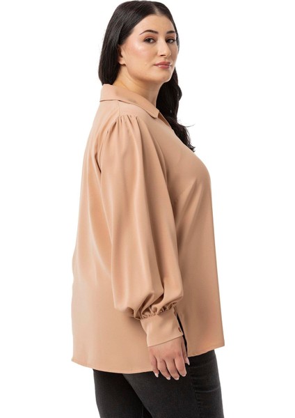 Büyük Beden Gömlek Yaka Manşetli Yanı Yırtmaçlı Camel Bluz indirimleri