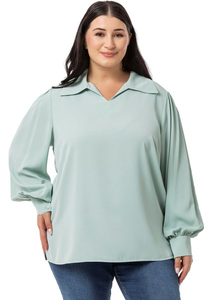 Büyük Beden Gömlek Yaka Manşetli Yanı Yırtmaçlı Mint Yeşili Bluz