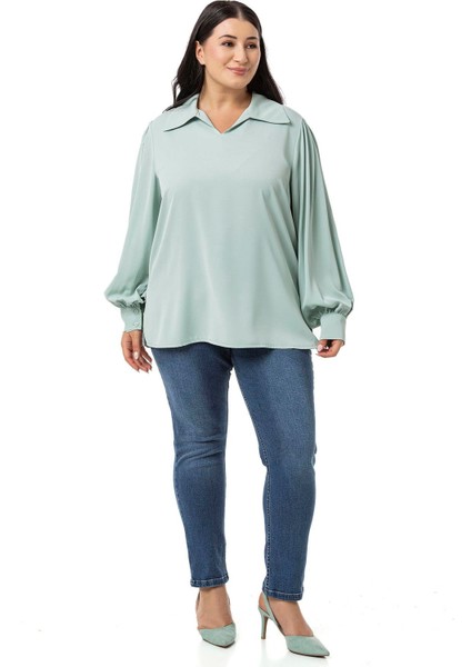 Büyük Beden Gömlek Yaka Manşetli Yanı Yırtmaçlı Mint Yeşili Bluz fiyatları