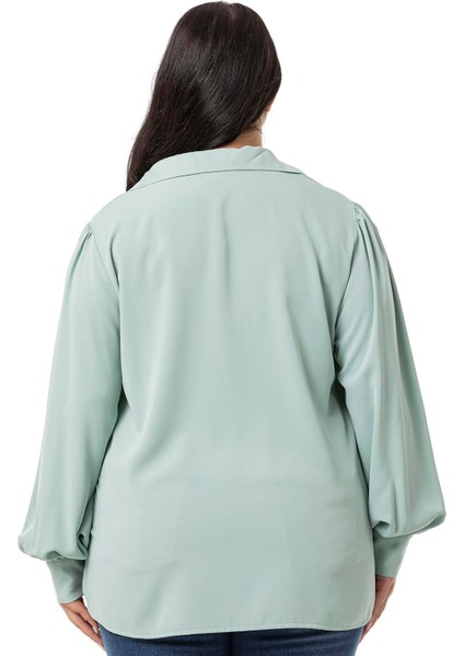 Büyük Beden Gömlek Yaka Manşetli Yanı Yırtmaçlı Mint Yeşili Bluz modelleri