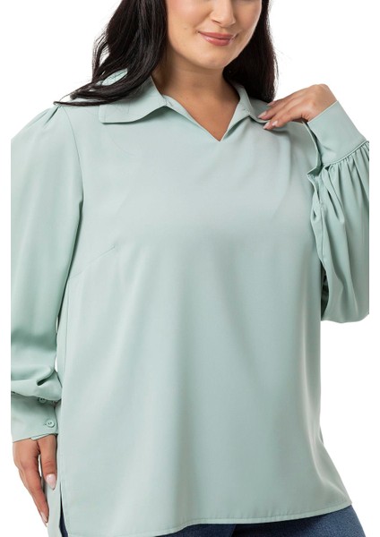 Büyük Beden Gömlek Yaka Manşetli Yanı Yırtmaçlı Mint Yeşili Bluz fırsatları