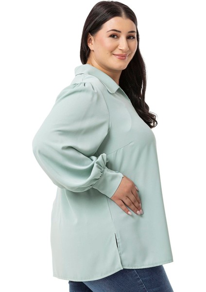 Büyük Beden Gömlek Yaka Manşetli Yanı Yırtmaçlı Mint Yeşili Bluz indirimleri