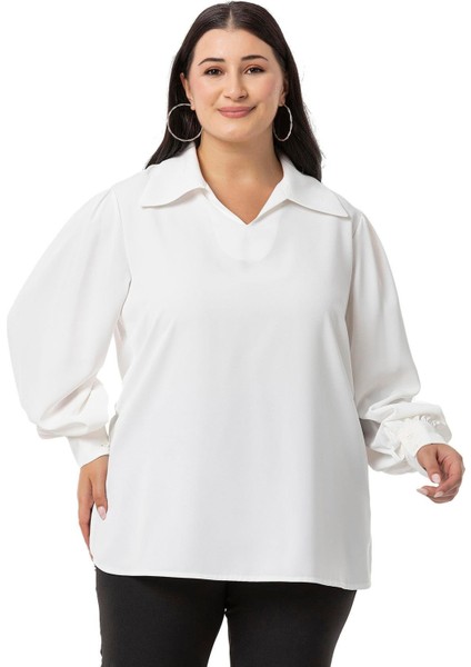 Büyük Beden Gömlek Yaka Manşetli Yanı Yırtmaçlı Beyaz Bluz