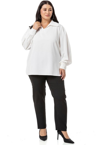 Büyük Beden Gömlek Yaka Manşetli Yanı Yırtmaçlı Beyaz Bluz fiyatları